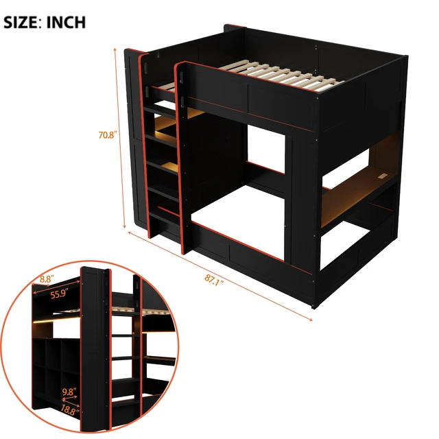 Alt view image 6 of 7 - Full Size Gaming Bunk Bed with Desk, Storage Shelves LED and Charging Station, Black, Solid Wood and MDF, Beds Frames