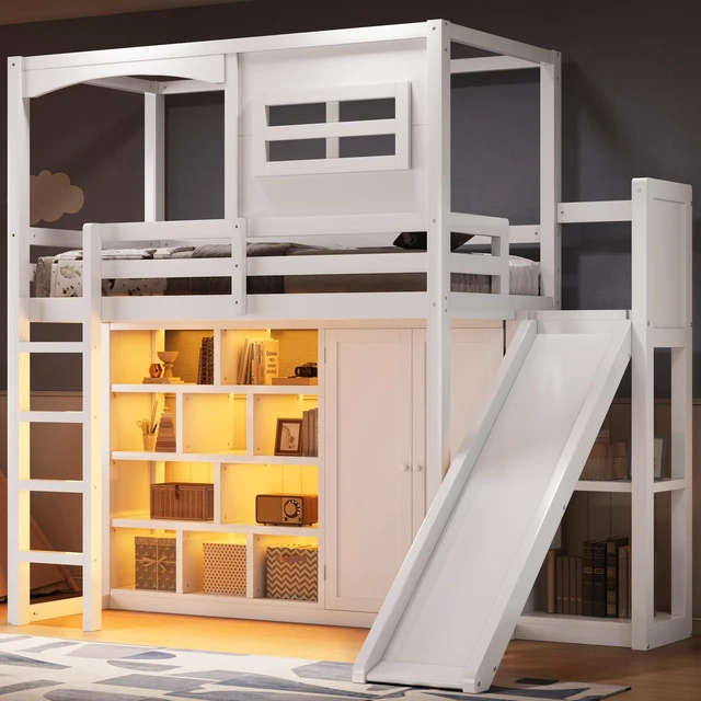 Main image of Twin Size Loft Bed with Wardrobe, Storage Shelves Slide and LED, White, Solid Wood and MDF, Beds Frames Bases