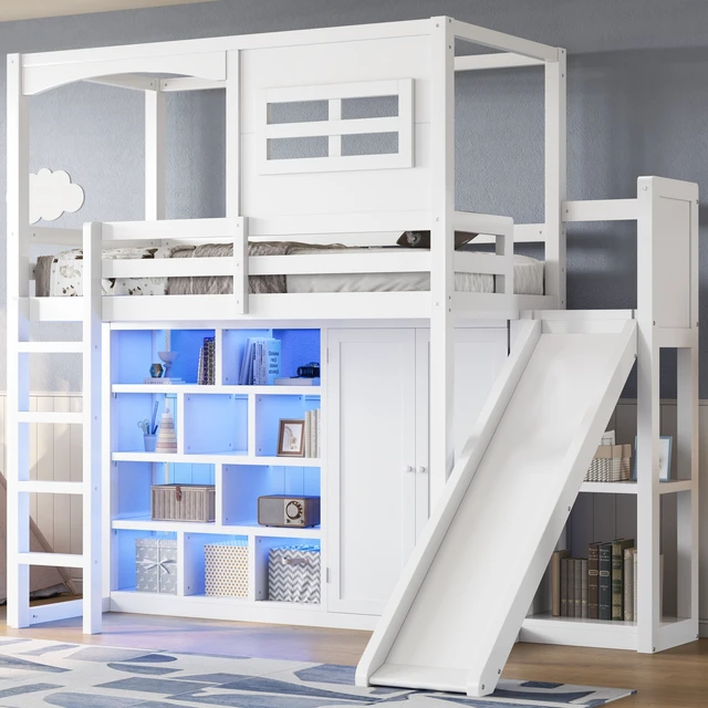 Alt view image 2 of 7 - Twin Size Loft Bed with Wardrobe, Storage Shelves Slide and LED, White, Solid Wood and MDF, Beds Frames Bases