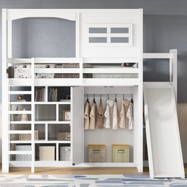 Alt view image 3 of 7 - Twin Size Loft Bed with Wardrobe, Storage Shelves Slide and LED, White, Solid Wood and MDF, Beds Frames Bases
