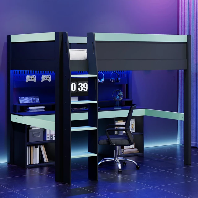 Main image of Full Size Loft Bed with Color LED Lights, Hanging Pegboard and Built in Gaming Desk Storage, Black Blue, Solid Wood