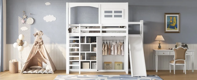 Alt view image 7 of 7 - Twin Size Loft Bed with Wardrobe, Storage Shelves Slide and LED, White, Solid Wood and MDF, Beds Frames Bases