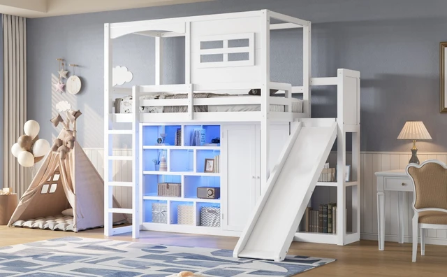 Alt view image 6 of 7 - Twin Size Loft Bed with Wardrobe, Storage Shelves Slide and LED, White, Solid Wood and MDF, Beds Frames Bases