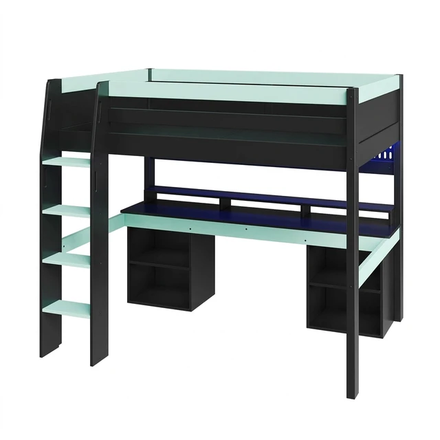 Alt view image 5 of 7 - Full Size Loft Bed with Color LED Lights, Hanging Pegboard and Built in Gaming Desk Storage, Black Blue, Solid Wood