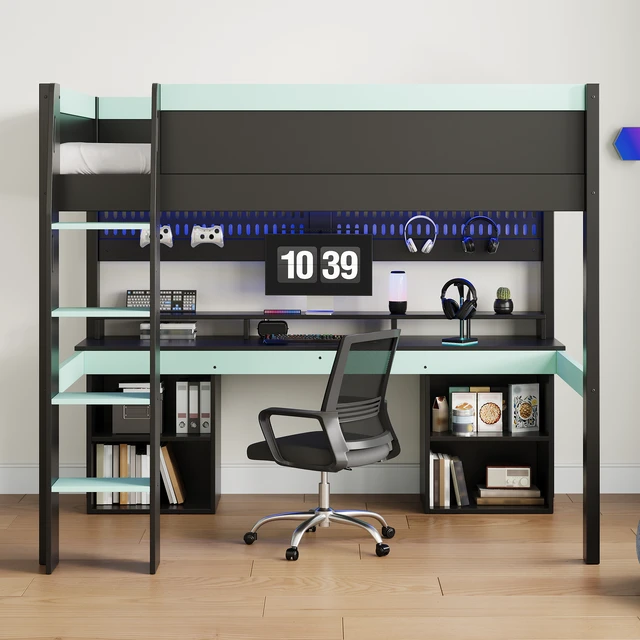Alt view image 2 of 7 - Full Size Loft Bed with Color LED Lights, Hanging Pegboard and Built in Gaming Desk Storage, Black Blue, Solid Wood