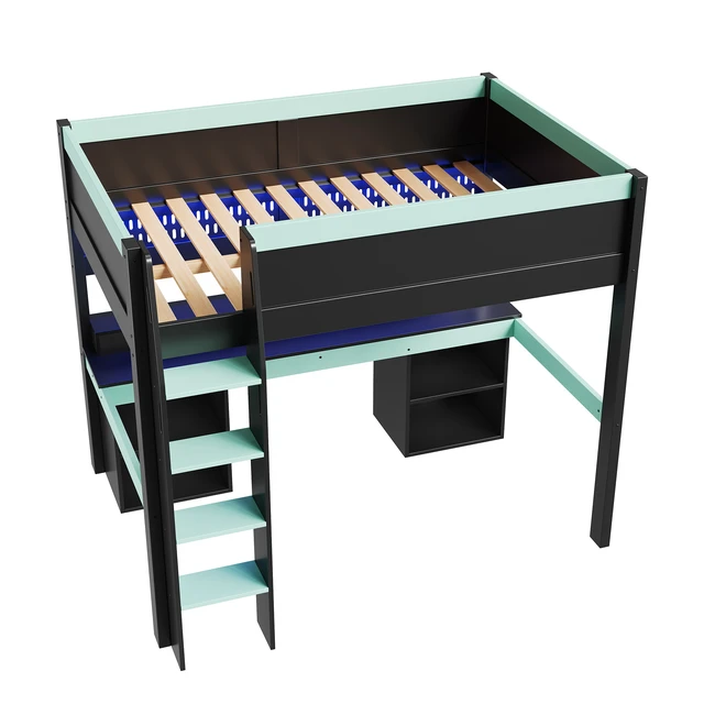 Alt view image 4 of 7 - Full Size Loft Bed with Color LED Lights, Hanging Pegboard and Built in Gaming Desk Storage, Black Blue, Solid Wood