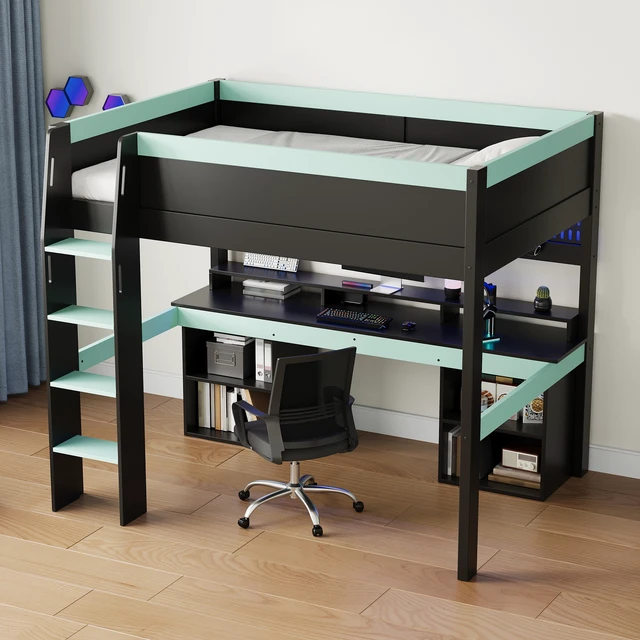 Alt view image 3 of 7 - Full Size Loft Bed with Color LED Lights, Hanging Pegboard and Built in Gaming Desk Storage, Black Blue, Solid Wood