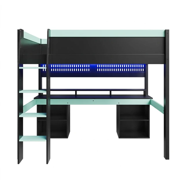 Alt view image 7 of 7 - Full Size Loft Bed with Color LED Lights, Hanging Pegboard and Built in Gaming Desk Storage, Black Blue, Solid Wood