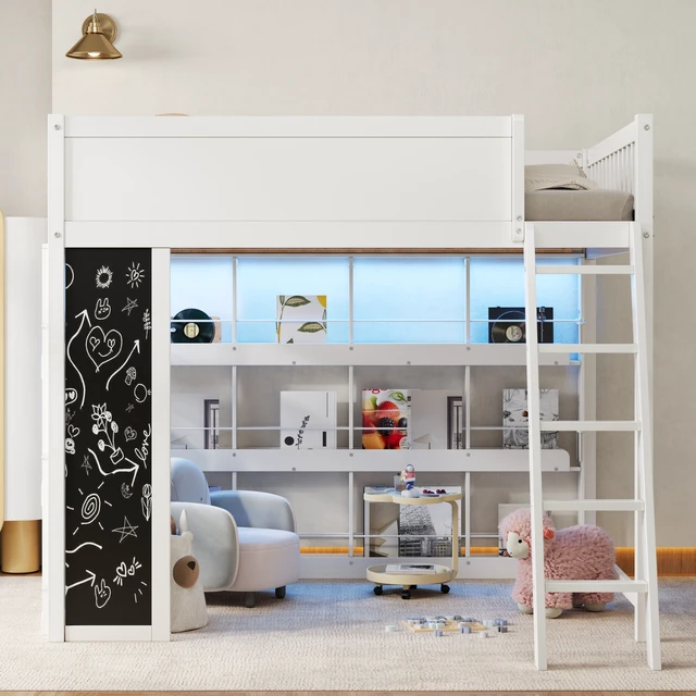 Alt view image 2 of 7 - Full Size Loft Bed with LED, Chalkboard Panel and Book Shelves, White, Solid Wood and MDF, Beds Frames Bases