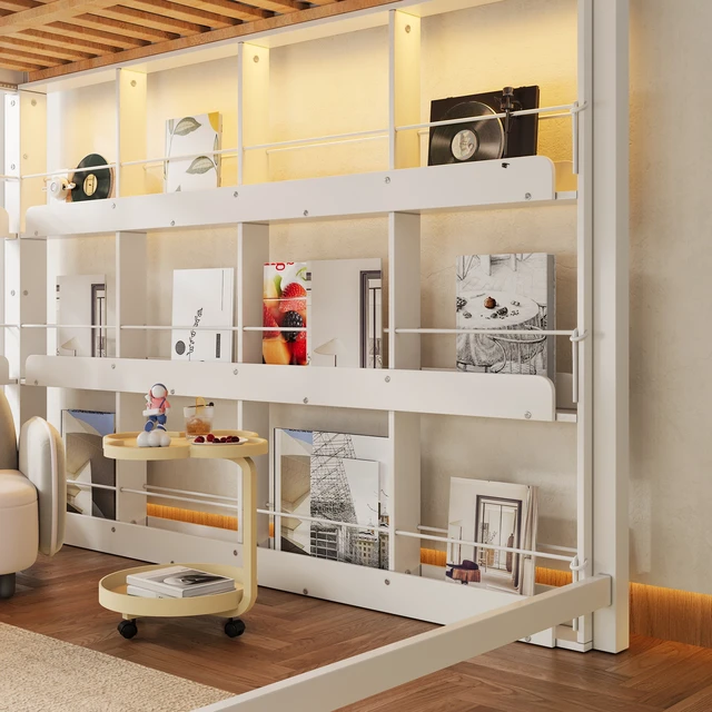 Alt view image 4 of 7 - Full Size Loft Bed with LED, Chalkboard Panel and Book Shelves, White, Solid Wood and MDF, Beds Frames Bases