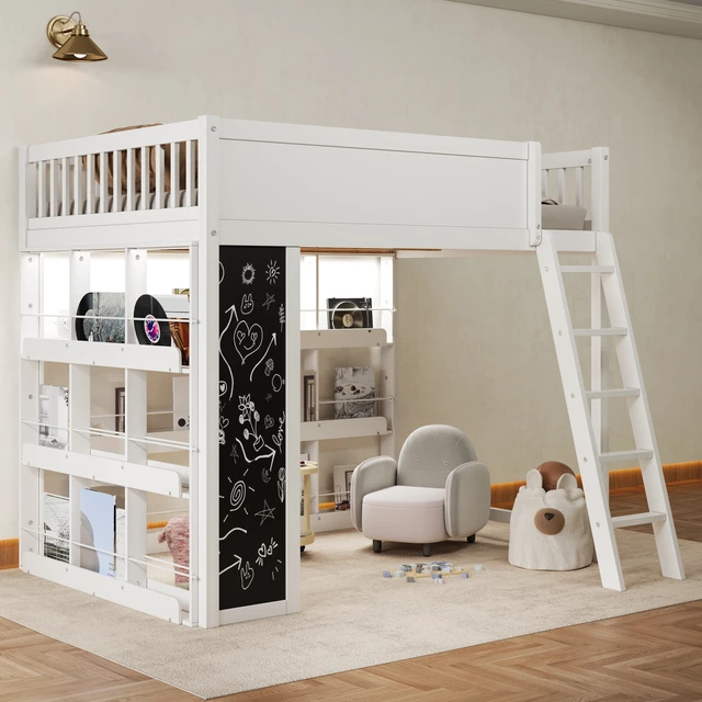 Alt view image 3 of 7 - Full Size Loft Bed with LED, Chalkboard Panel and Book Shelves, White, Solid Wood and MDF, Beds Frames Bases