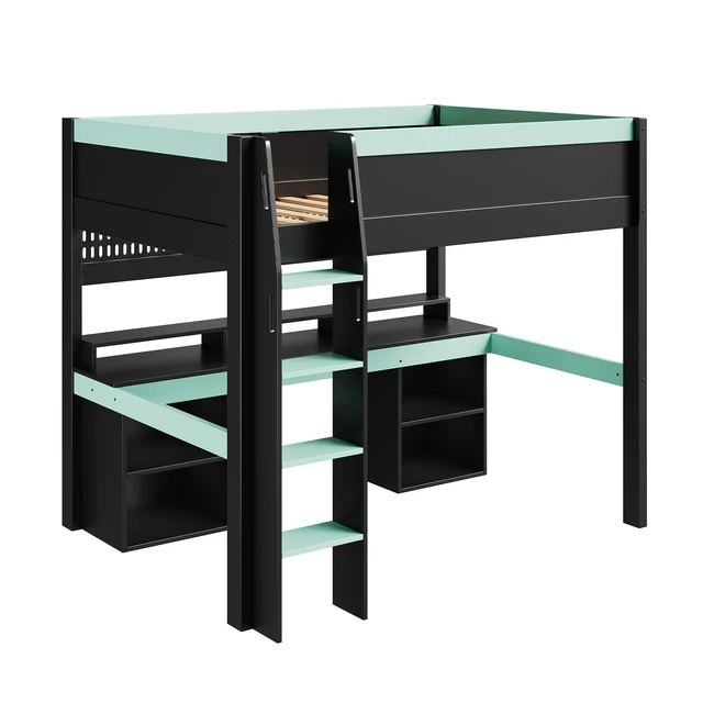 Alt view image 6 of 7 - Full Size Loft Bed with Color LED Lights, Hanging Pegboard and Built in Gaming Desk Storage, Black Blue, Solid Wood