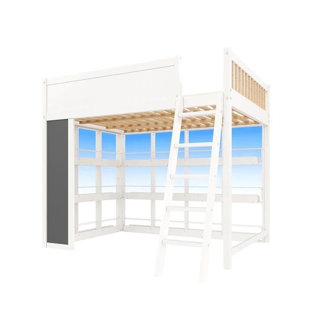 Alt view image 7 of 7 - Full Size Loft Bed with LED, Chalkboard Panel and Book Shelves, White, Solid Wood and MDF, Beds Frames Bases