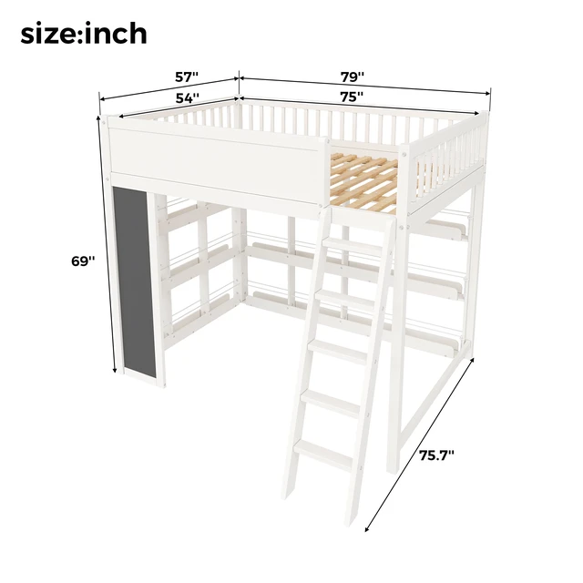 Alt view image 6 of 7 - Full Size Loft Bed with LED, Chalkboard Panel and Book Shelves, White, Solid Wood and MDF, Beds Frames Bases