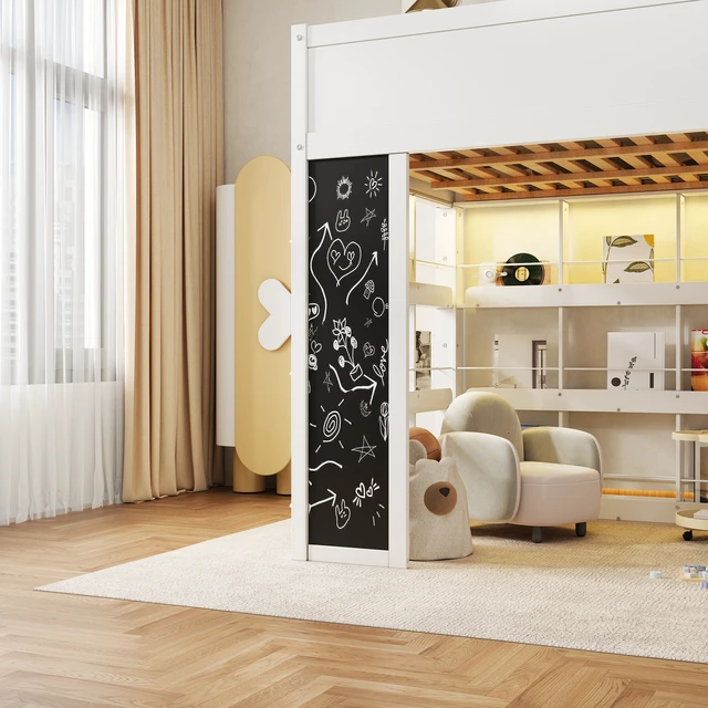 Alt view image 5 of 7 - Full Size Loft Bed with LED, Chalkboard Panel and Book Shelves, White, Solid Wood and MDF, Beds Frames Bases