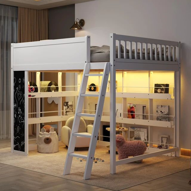 Main image of Queen Size Loft Bed with LED, Chalkboard Panel and Book Shelves, White, Solid Wood and MDF, Beds Frames Bases