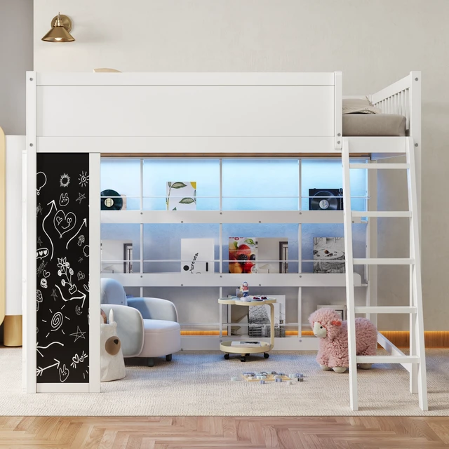 Alt view image 2 of 7 - Queen Size Loft Bed with LED, Chalkboard Panel and Book Shelves, White, Solid Wood and MDF, Beds Frames Bases