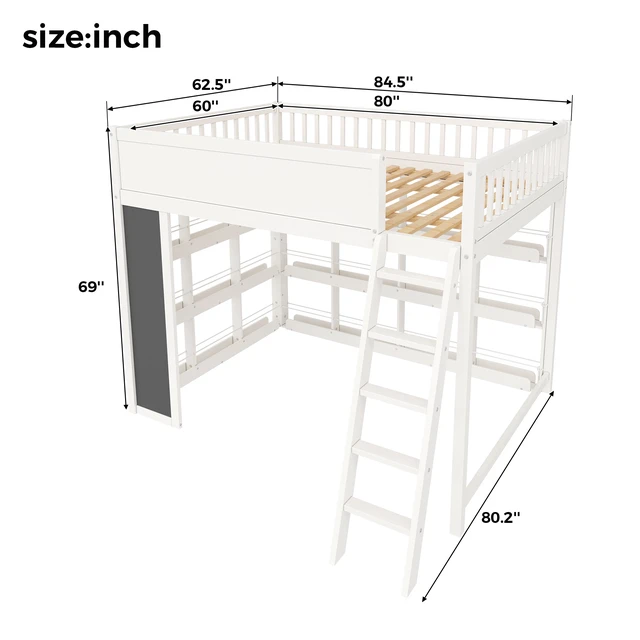 Alt view image 6 of 7 - Queen Size Loft Bed with LED, Chalkboard Panel and Book Shelves, White, Solid Wood and MDF, Beds Frames Bases