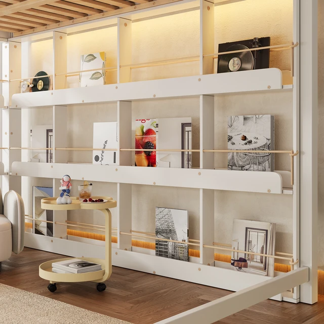 Alt view image 5 of 7 - Queen Size Loft Bed with LED, Chalkboard Panel and Book Shelves, White, Solid Wood and MDF, Beds Frames Bases