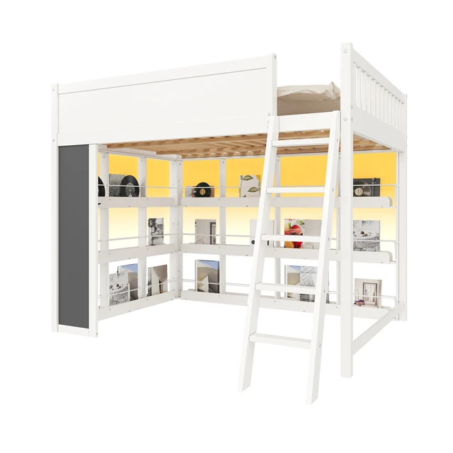 Alt view image 7 of 7 - Queen Size Loft Bed with LED, Chalkboard Panel and Book Shelves, White, Solid Wood and MDF, Beds Frames Bases