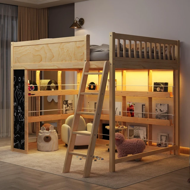 Main image of Queen Size Loft Bed with LED, Chalkboard Panel and Book Shelves, Natural, Solid Wood and MDF, Beds Frames Bases