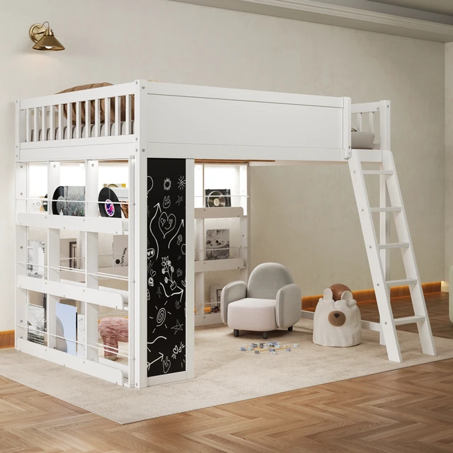 Alt view image 3 of 7 - Queen Size Loft Bed with LED, Chalkboard Panel and Book Shelves, White, Solid Wood and MDF, Beds Frames Bases