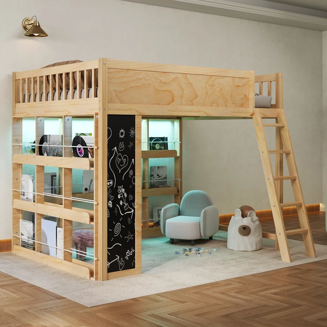 Alt view image 3 of 7 - Queen Size Loft Bed with LED, Chalkboard Panel and Book Shelves, Natural, Solid Wood and MDF, Beds Frames Bases
