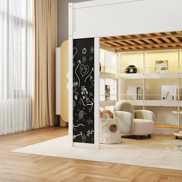 Alt view image 4 of 7 - Queen Size Loft Bed with LED, Chalkboard Panel and Book Shelves, White, Solid Wood and MDF, Beds Frames Bases