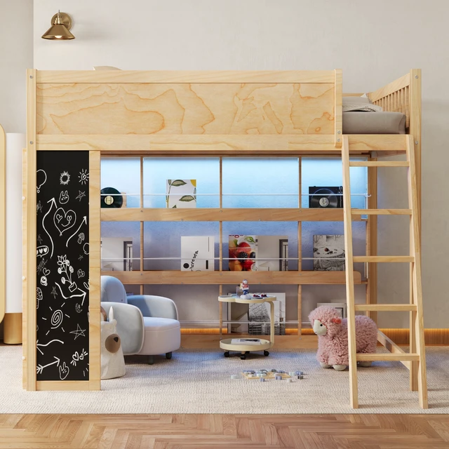 Alt view image 2 of 7 - Queen Size Loft Bed with LED, Chalkboard Panel and Book Shelves, Natural, Solid Wood and MDF, Beds Frames Bases