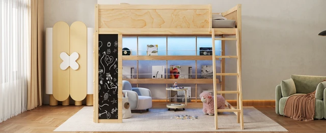 Alt view image 6 of 7 - Queen Size Loft Bed with LED, Chalkboard Panel and Book Shelves, Natural, Solid Wood and MDF, Beds Frames Bases