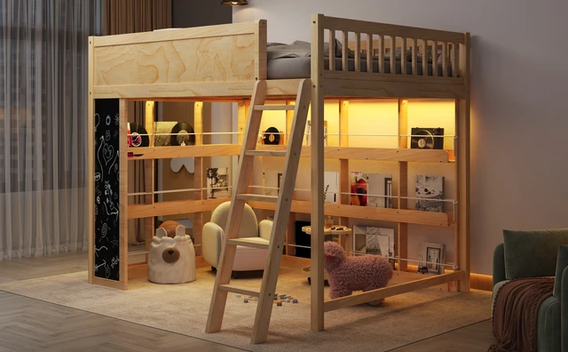 Alt view image 7 of 7 - Queen Size Loft Bed with LED, Chalkboard Panel and Book Shelves, Natural, Solid Wood and MDF, Beds Frames Bases