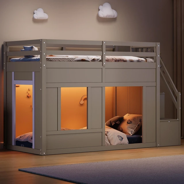 Main image of Twin Size Loft Bed with Storage Stairs and Built in LED Lights, Eta, Antique Grey, Solid Wood and MDF, Beds Frames Bases