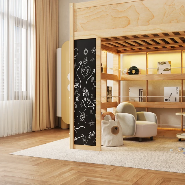 Alt view image 5 of 7 - Queen Size Loft Bed with LED, Chalkboard Panel and Book Shelves, Natural, Solid Wood and MDF, Beds Frames Bases