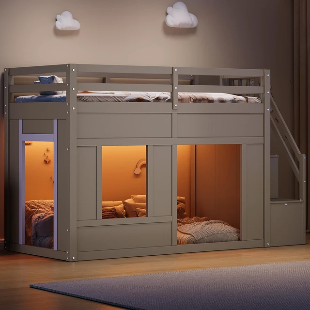 Alt view image 5 of 7 - Twin Size Loft Bed with Storage Stairs and Built in LED Lights, Eta, Antique Grey, Solid Wood and MDF, Beds Frames Bases