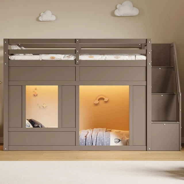 Alt view image 3 of 7 - Twin Size Loft Bed with Storage Stairs and Built in LED Lights, Eta, Antique Grey, Solid Wood and MDF, Beds Frames Bases