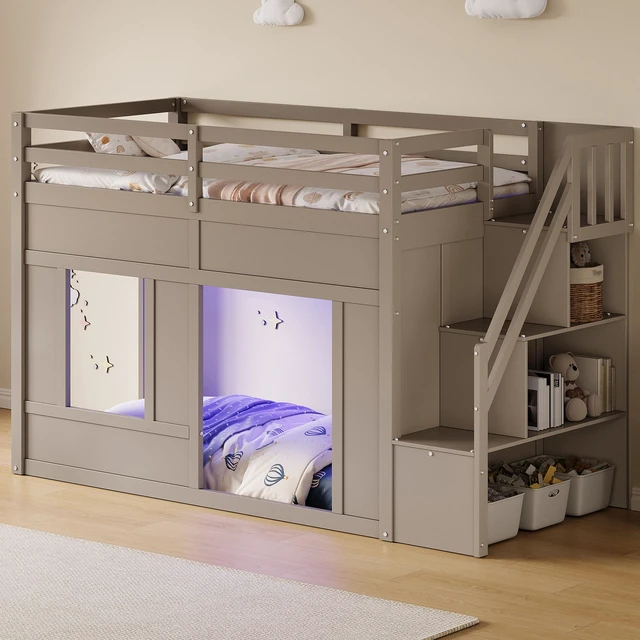 Alt view image 2 of 7 - Twin Size Loft Bed with Storage Stairs and Built in LED Lights, Eta, Antique Grey, Solid Wood and MDF, Beds Frames Bases