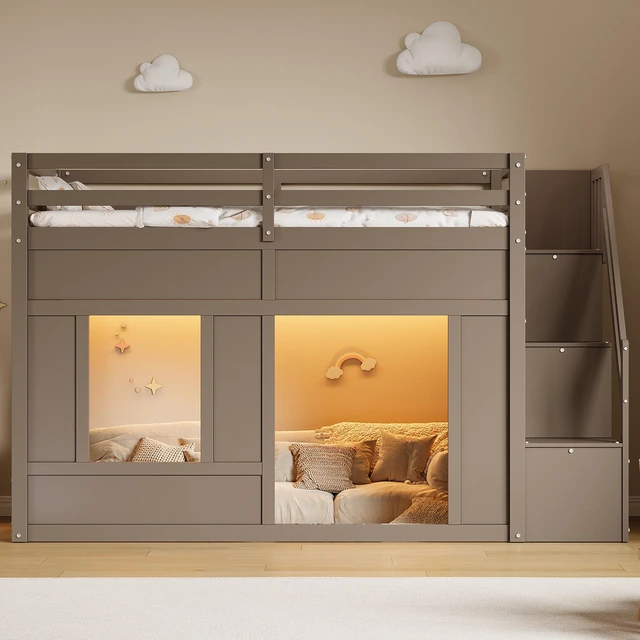 Alt view image 6 of 7 - Twin Size Loft Bed with Storage Stairs and Built in LED Lights, Eta, Antique Grey, Solid Wood and MDF, Beds Frames Bases