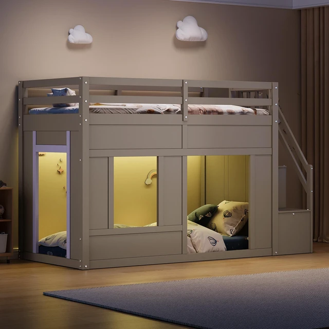 Alt view image 4 of 7 - Twin Size Loft Bed with Storage Stairs and Built in LED Lights, Eta, Antique Grey, Solid Wood and MDF, Beds Frames Bases