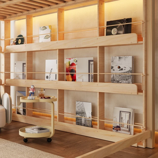 Alt view image 4 of 7 - Queen Size Loft Bed with LED, Chalkboard Panel and Book Shelves, Natural, Solid Wood and MDF, Beds Frames Bases