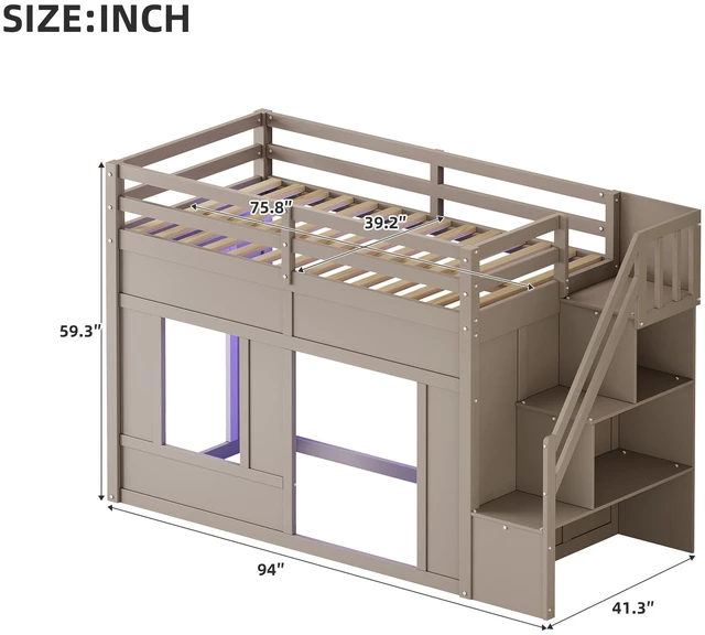 Alt view image 7 of 7 - Twin Size Loft Bed with Storage Stairs and Built in LED Lights, Eta, Antique Grey, Solid Wood and MDF, Beds Frames Bases