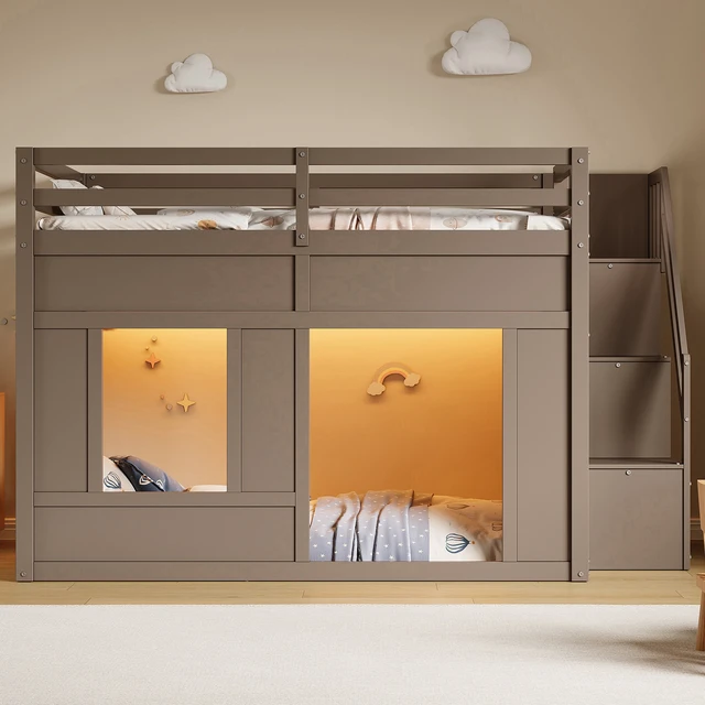 Alt view image 4 of 7 - Full Size Loft Bed with Storage Stairs and Built in LED Lights, Eta, Antique Grey, Solid Wood and MDF, Beds Frames Bases