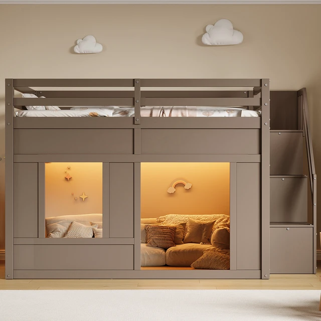 Alt view image 6 of 7 - Full Size Loft Bed with Storage Stairs and Built in LED Lights, Eta, Antique Grey, Solid Wood and MDF, Beds Frames Bases