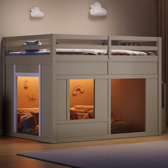 Alt view image 5 of 7 - Full Size Loft Bed with Storage Stairs and Built in LED Lights, Eta, Antique Grey, Solid Wood and MDF, Beds Frames Bases