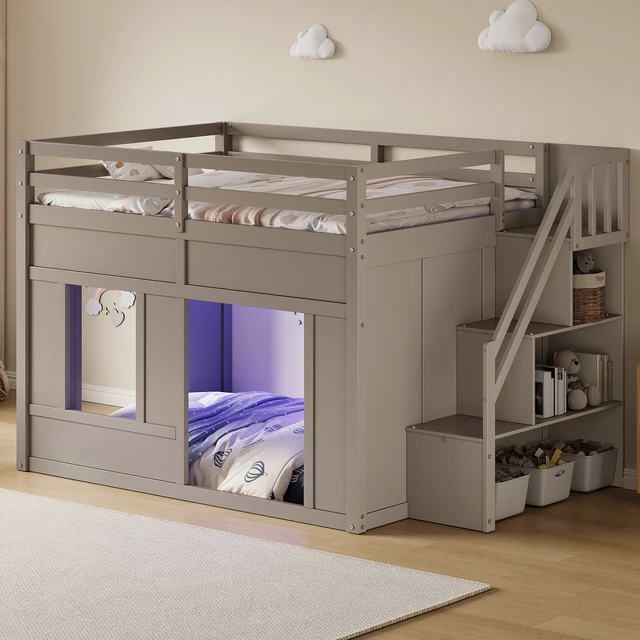 Alt view image 2 of 7 - Full Size Loft Bed with Storage Stairs and Built in LED Lights, Eta, Antique Grey, Solid Wood and MDF, Beds Frames Bases