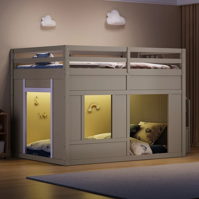 Alt view image 3 of 7 - Full Size Loft Bed with Storage Stairs and Built in LED Lights, Eta, Antique Grey, Solid Wood and MDF, Beds Frames Bases