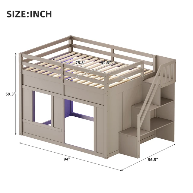 Alt view image 7 of 7 - Full Size Loft Bed with Storage Stairs and Built in LED Lights, Eta, Antique Grey, Solid Wood and MDF, Beds Frames Bases