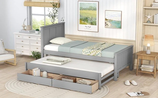Alt view image 4 of 7 - Twin Size Platform Bed with Trundle and Drawers, Old SKU, Gray, Pine, Beds Frames Bases