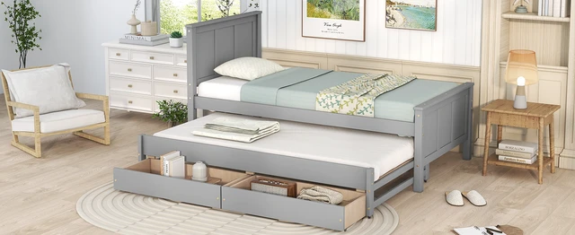 Alt view image 5 of 7 - Twin Size Platform Bed with Trundle and Drawers, Old SKU, Gray, Pine, Beds Frames Bases