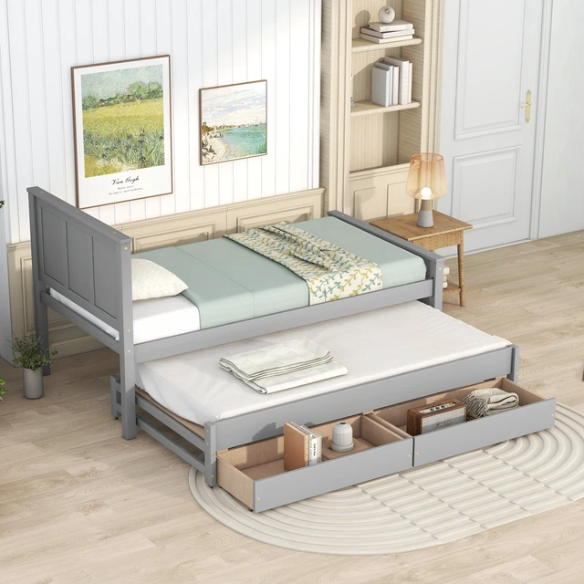 Alt view image 2 of 7 - Twin Size Platform Bed with Trundle and Drawers, Old SKU, Gray, Pine, Beds Frames Bases