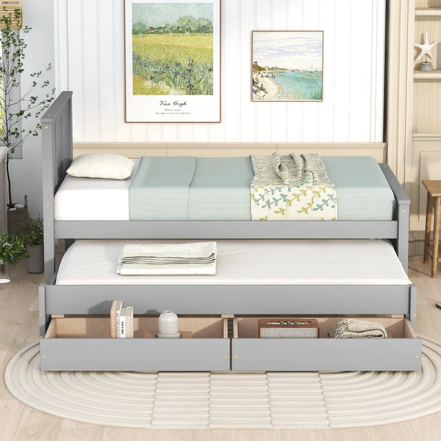 Alt view image 3 of 7 - Twin Size Platform Bed with Trundle and Drawers, Old SKU, Gray, Pine, Beds Frames Bases